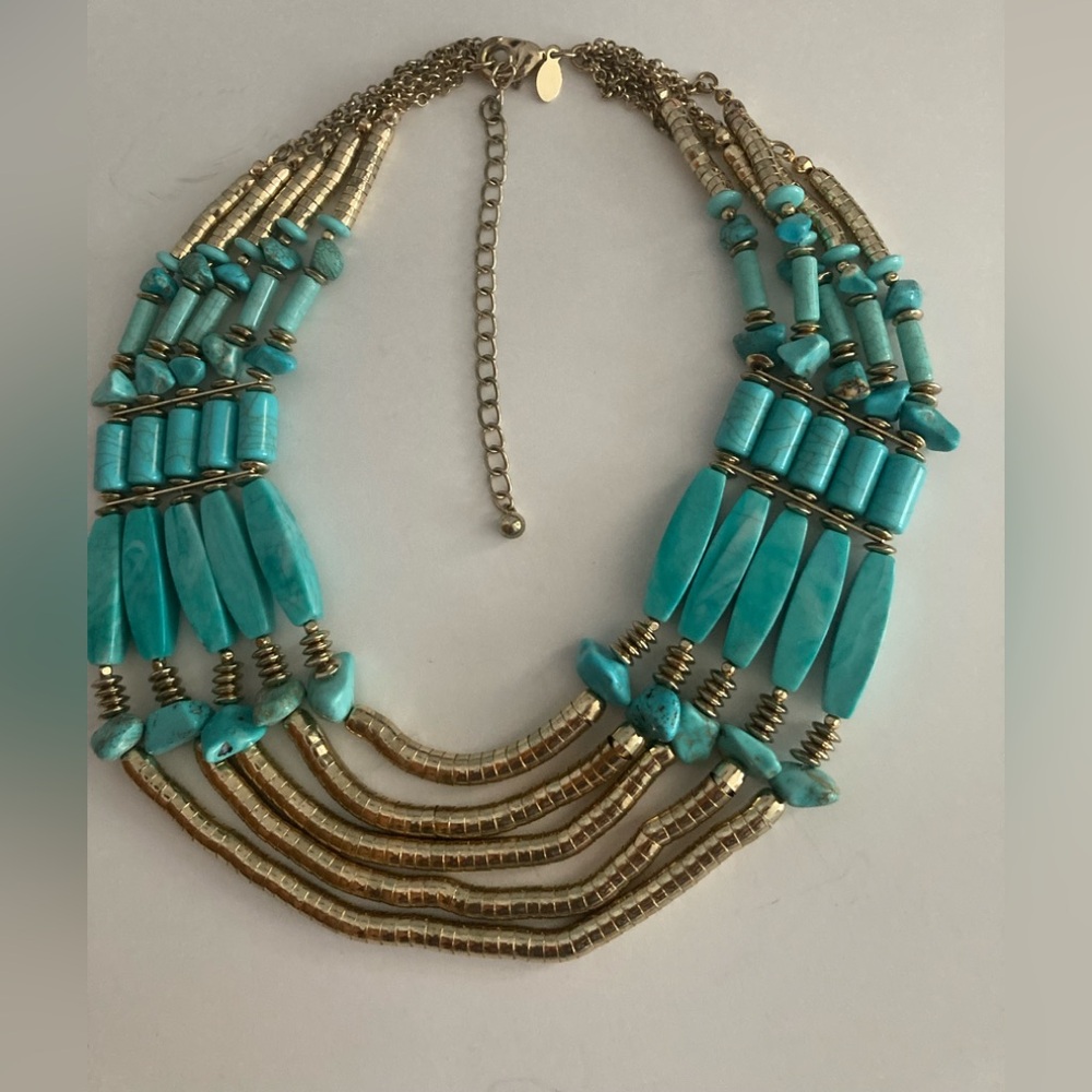 Chico’s Turquoise & Gold Statement Bib Necklace - Women Jewelry - Picture 3 of 5